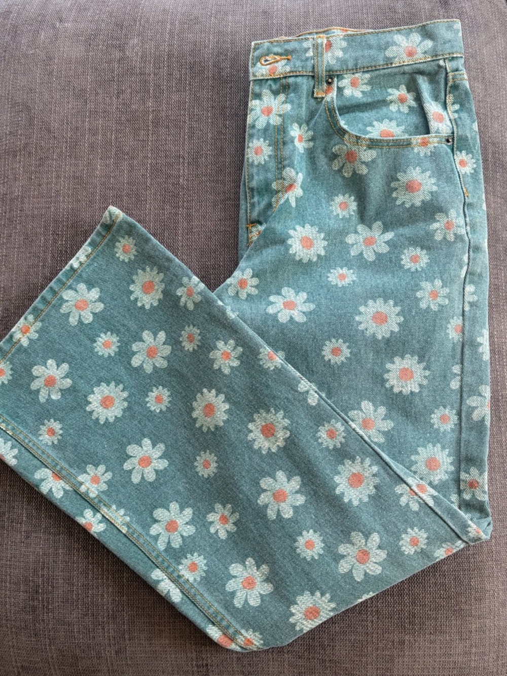 BDG Urban OutfittersMint Green Daisy-Print Jeans with Peach Centers